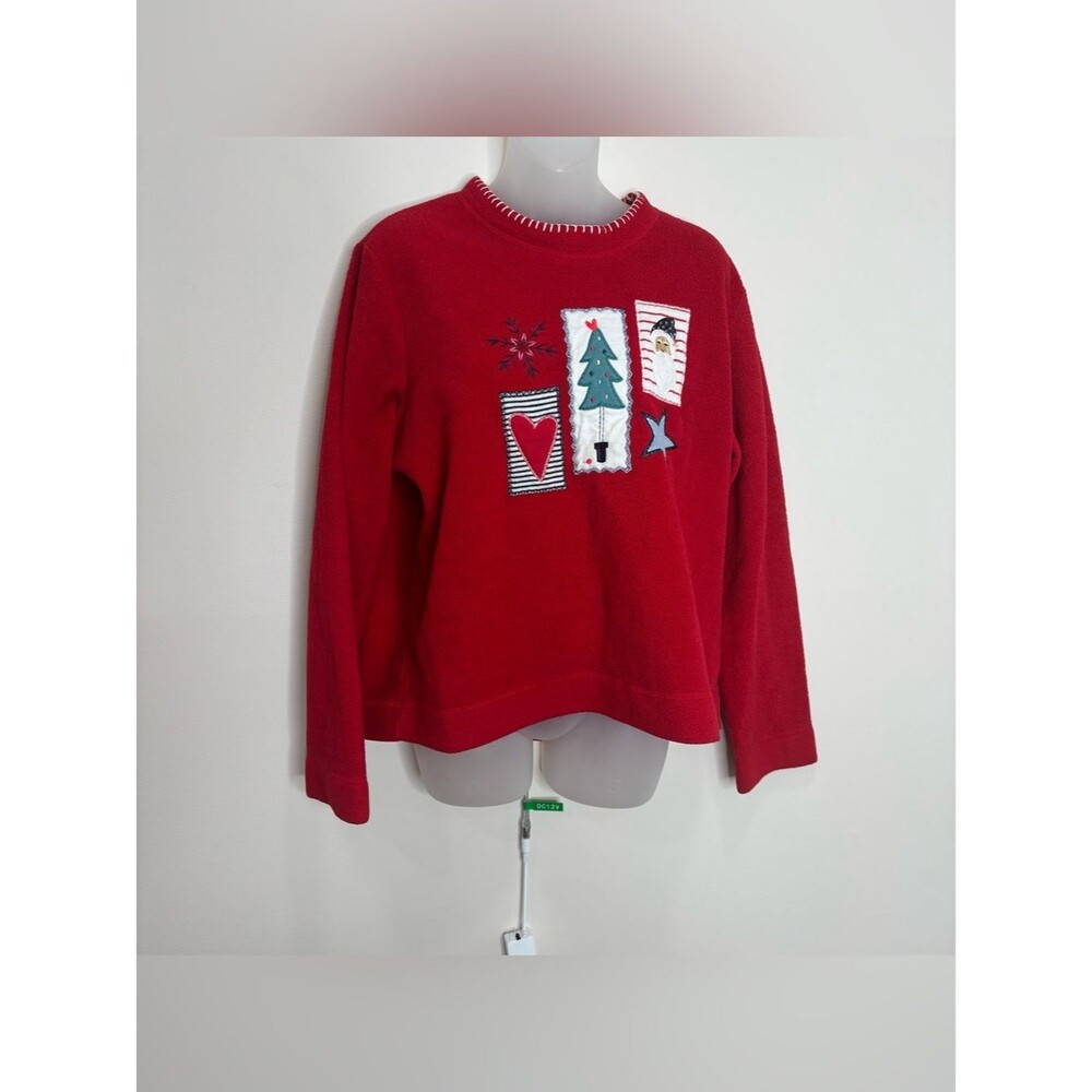 Vintage 90s Red Holiday Patch Fleece Sweater kids large women’s small festive
